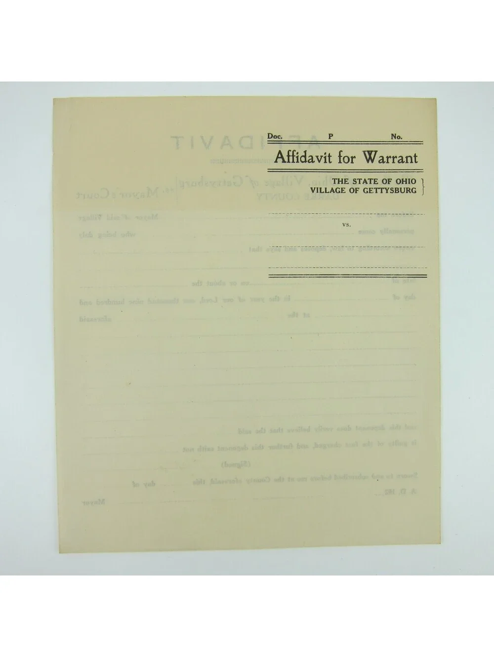 Antique 1920s Gettysburg Ohio Affidavit For Warrant Police Record Form Blank